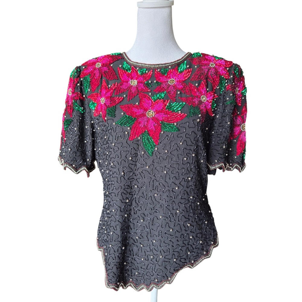 Vintage Laurence Kazar New York Silk Beaded Sequin Poinsettia Top Size XL